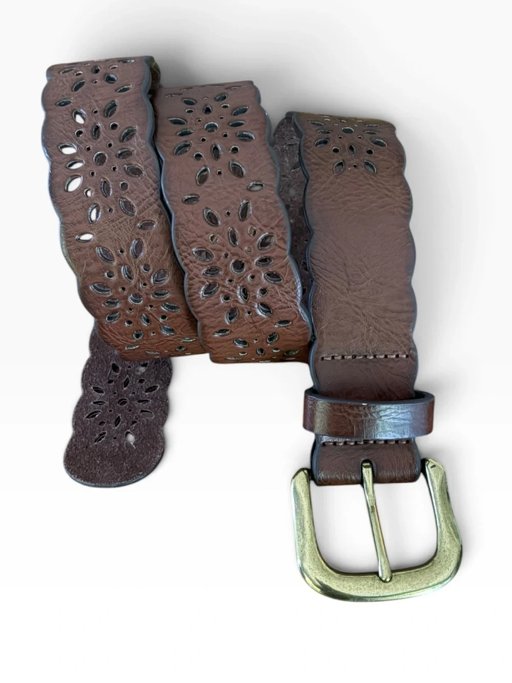 Vintage Y2K Floral Cutout Laser Eyelet Scalloped Brown Leather Belt Gold Buckle